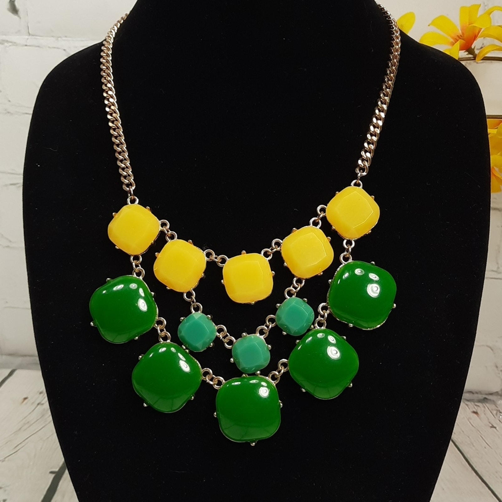 Bold Multi-Strand Statement Necklace Dark Green Light Green And Yellow Cabochons